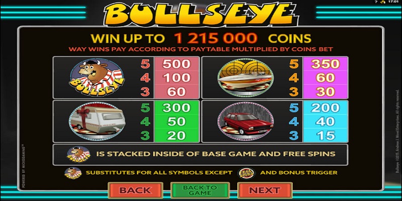 Bullseye Online Slot Machine paytable
